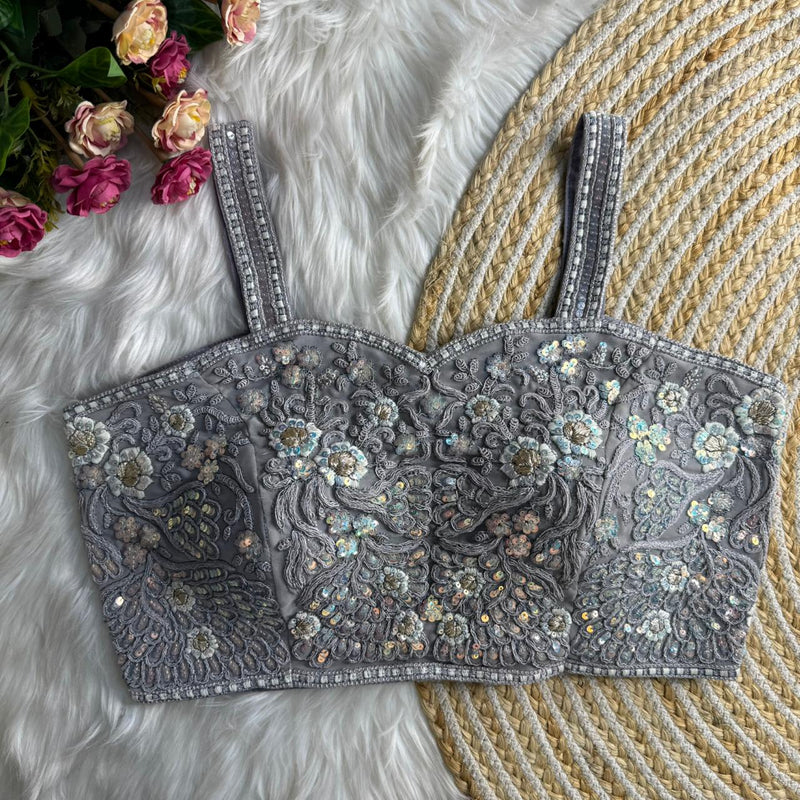 Grey Womens Spaghetti Western Designer Blouse  Fox Georgette Embroidered & Sequins Partywear