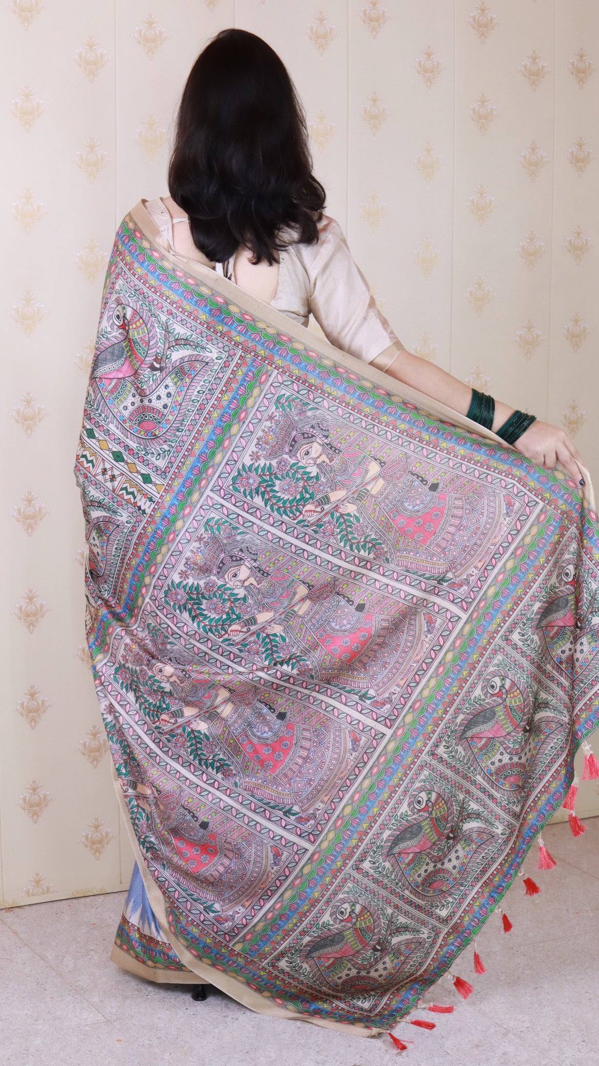 Grey Woven Jari Border Designer Madhubani Digital Printed Ethnic Tussar Silk Saree