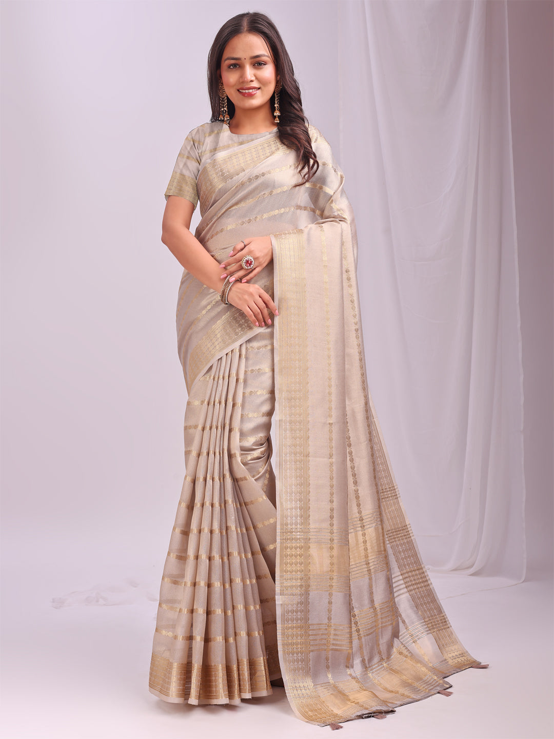 Grey Woven Zari Designer Ethnic Organza Saree