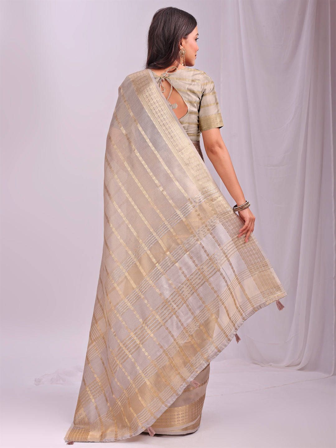 Grey Woven Zari Designer Ethnic Organza Saree