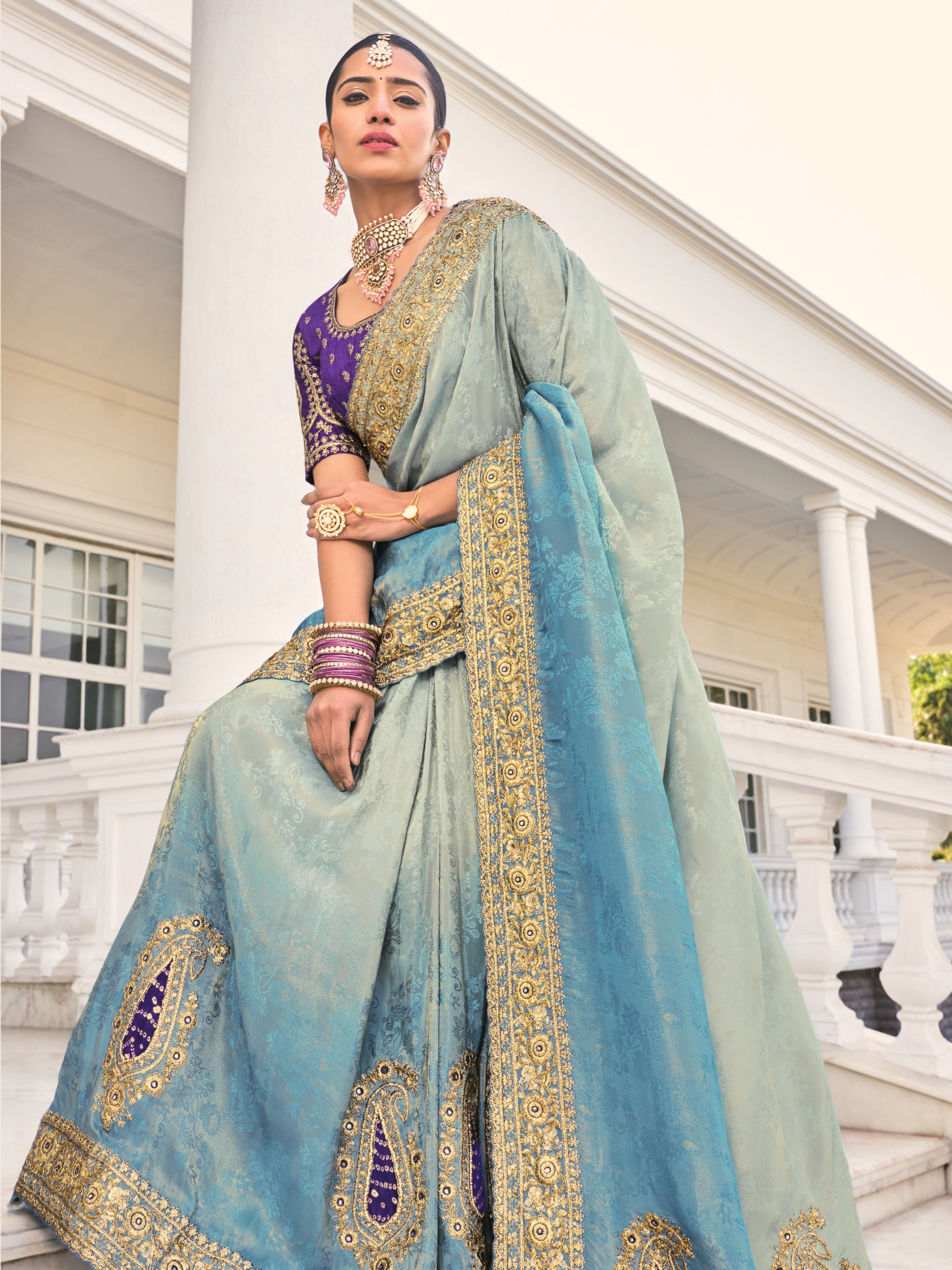 Grey & Blue Natural Crepe Jacquard Saree With Embroidery Work