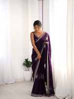 Heavy Designer Beads Hand Work Purple Fendy Satin Heavy Partywear Saree