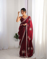 Heavy Designer Beads Hand Work Wine Fendy Satin Heavy Partywear Saree