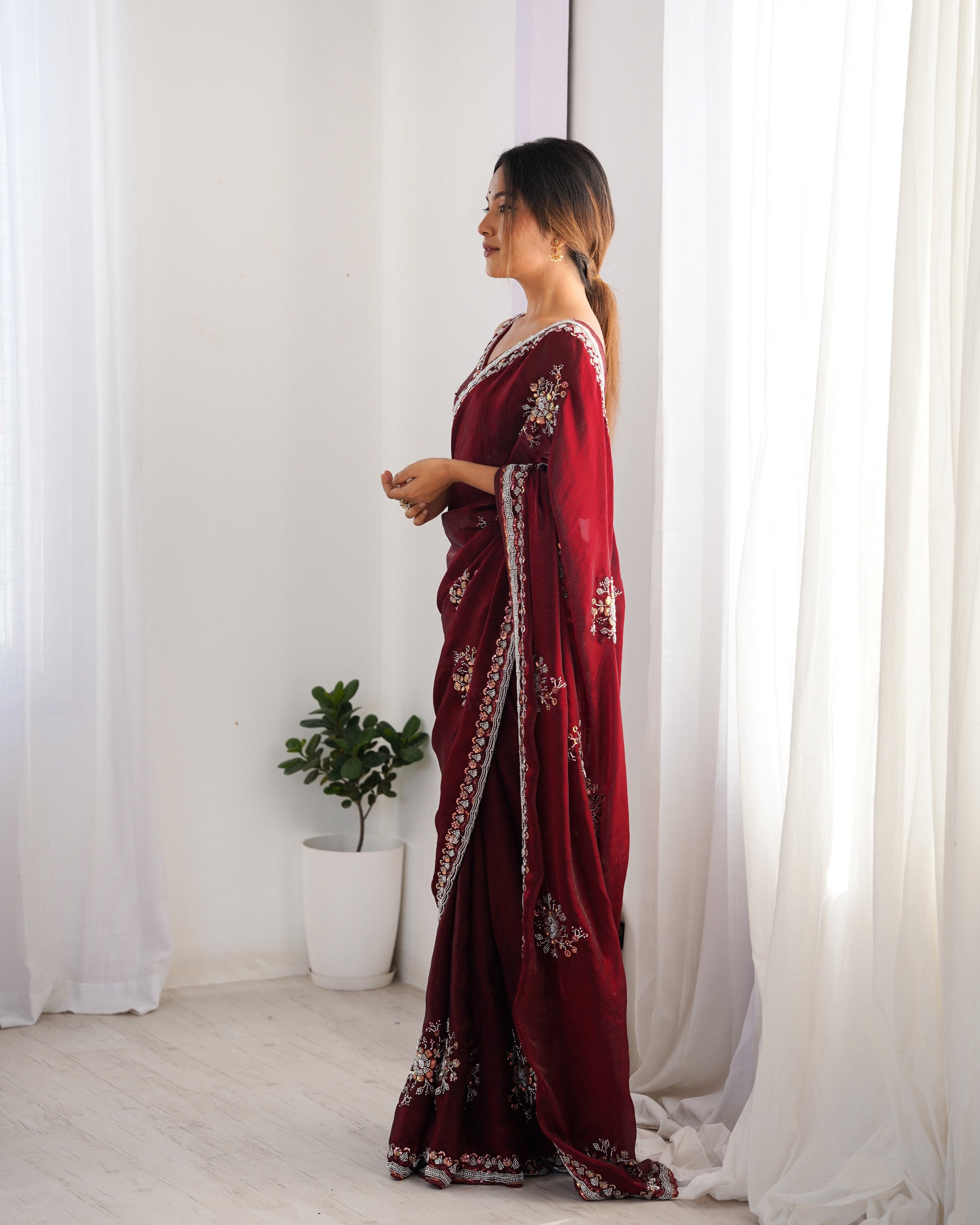 Heavy Designer Beads Hand Work Wine Fendy Satin Heavy Partywear Saree