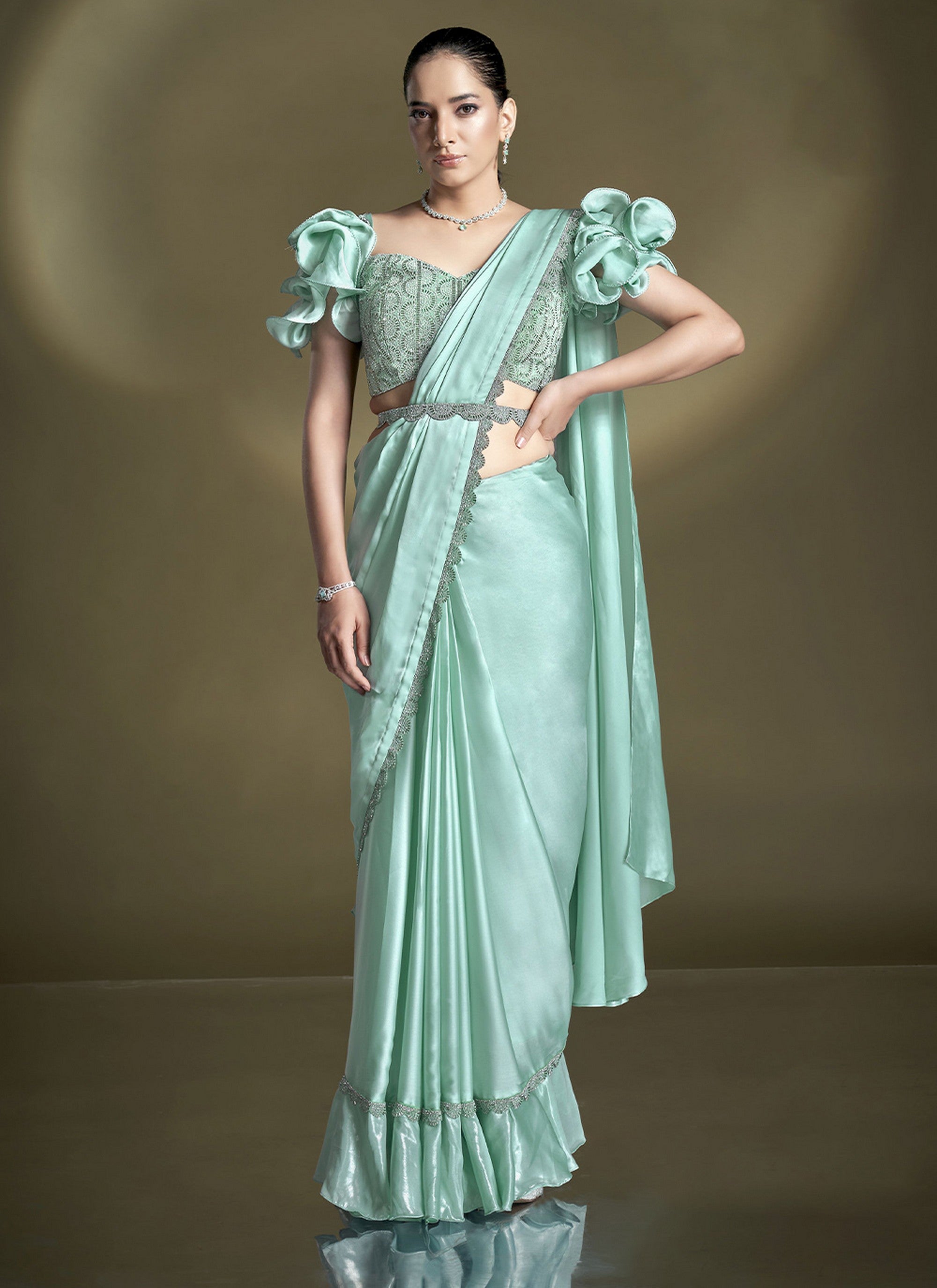 Heavy Partywear Crepe Satin Silk Sequins And Beads Aari Hand Work Ready To Wear Saree