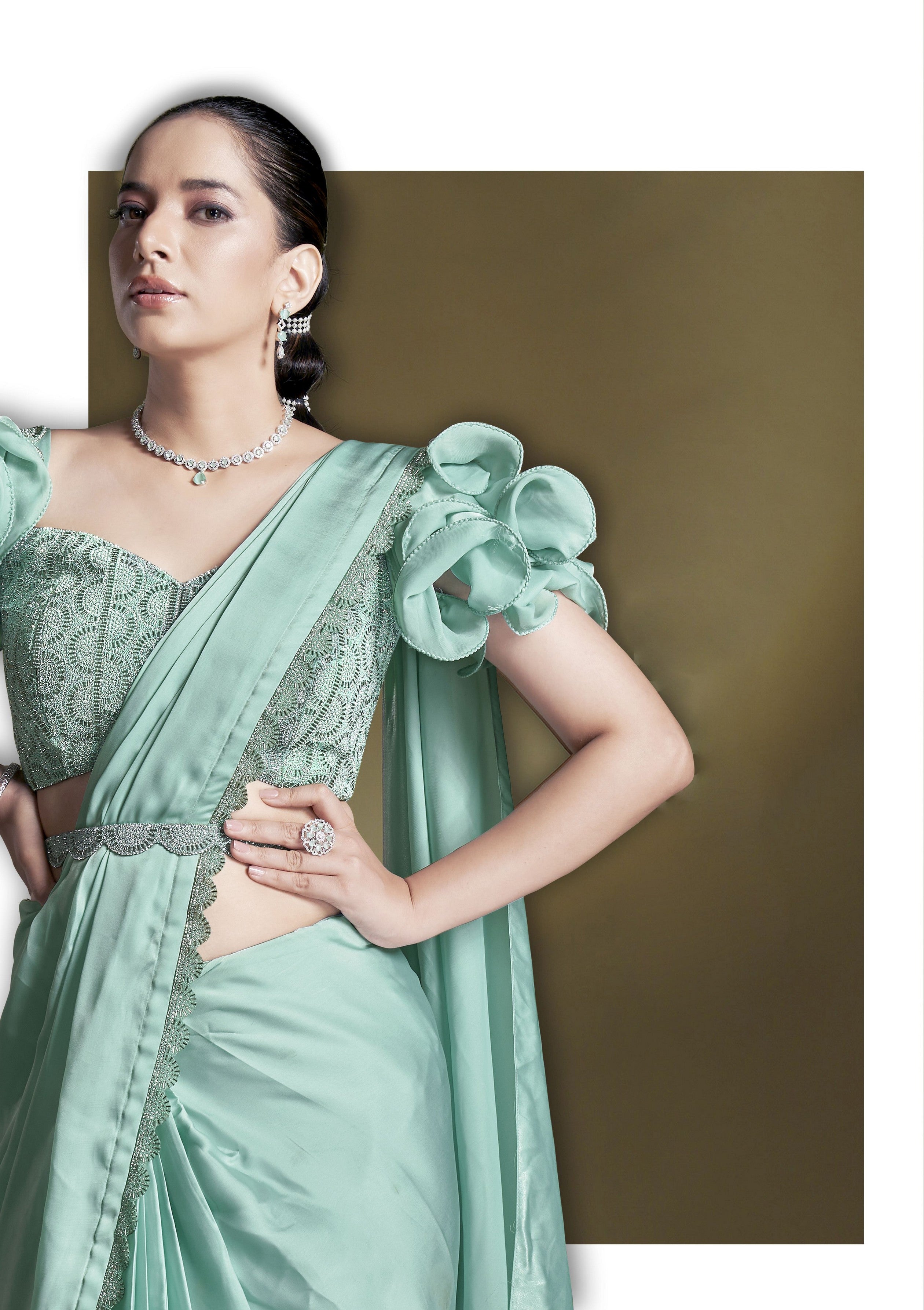 Heavy Partywear Crepe Satin Silk Sequins And Beads Aari Hand Work Ready To Wear Saree