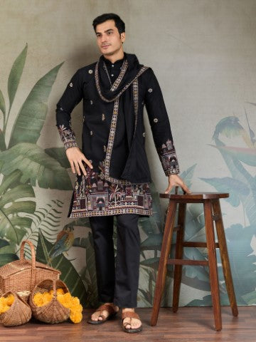 Heavy Stylish Viscose Silk Embroidered Black Kurta with Dupatta