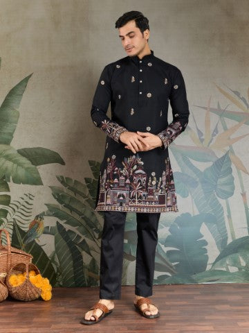 Heavy Stylish Viscose Silk Embroidered Black Kurta with Dupatta