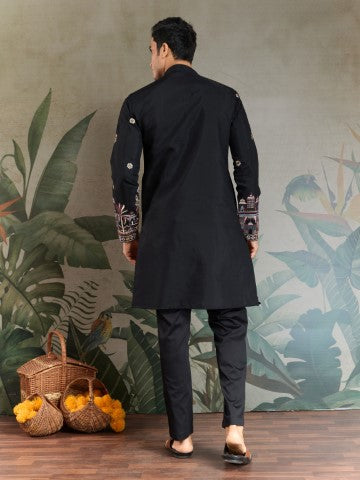 Heavy Stylish Viscose Silk Embroidered Black Kurta with Dupatta