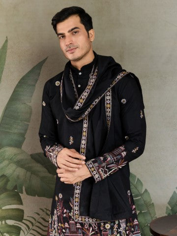 Heavy Stylish Viscose Silk Embroidered Black Kurta with Dupatta