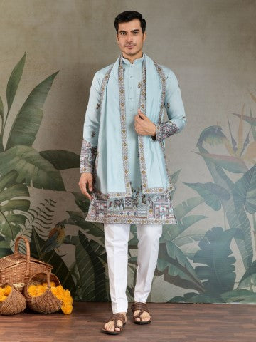 Heavy Stylish Viscose Silk Embroidered Sky Blue Kurta with Dupatta