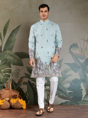 Heavy Stylish Viscose Silk Embroidered Sky Blue Kurta with Dupatta