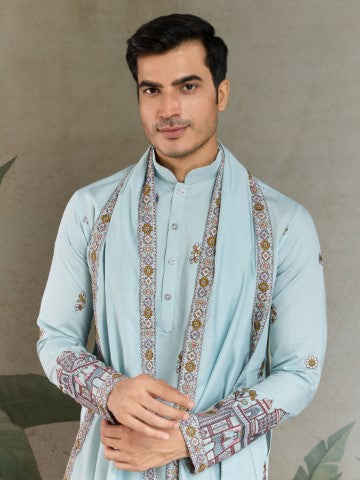 Heavy Stylish Viscose Silk Embroidered Sky Blue Kurta with Dupatta