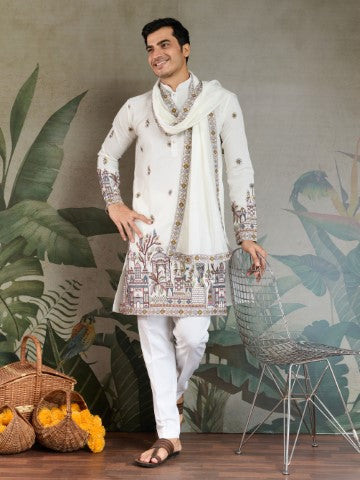 Heavy Stylish Viscose Silk Embroidered White Kurta with Dupatta