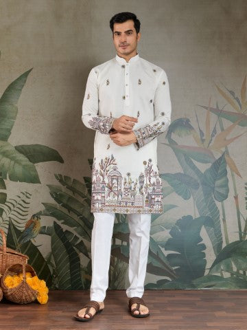 Heavy Stylish Viscose Silk Embroidered White Kurta with Dupatta