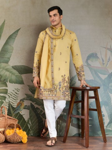 Heavy Stylish Viscose Silk Embroidered Yellow Kurta with Dupatta