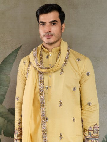 Heavy Stylish Viscose Silk Embroidered Yellow Kurta with Dupatta