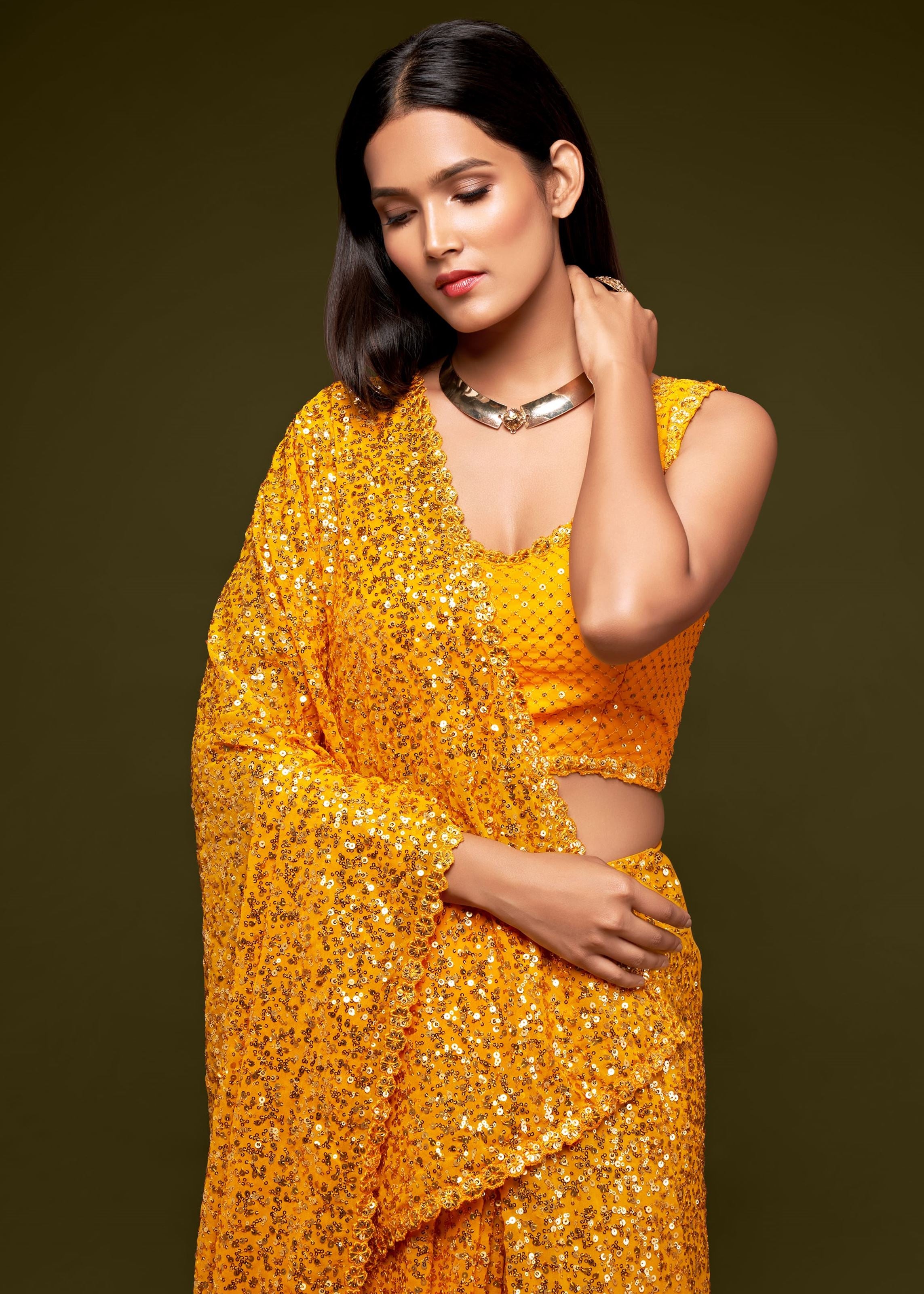 Honey Yellow Georgette Saree with Thread Embroidery and Sequins Work