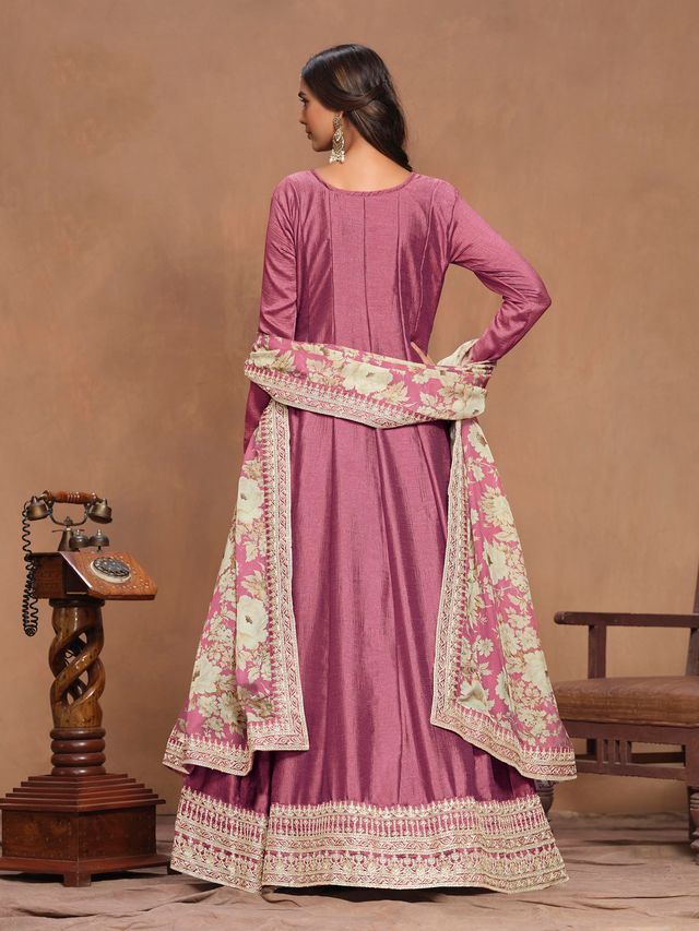 Hot Pink Anarkali Suit With Heavy Thread Embroidery Sequins Work With Printed Dupatta