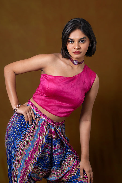 Hot Pink Blouse in Art Silk with One Shoulder Neckline