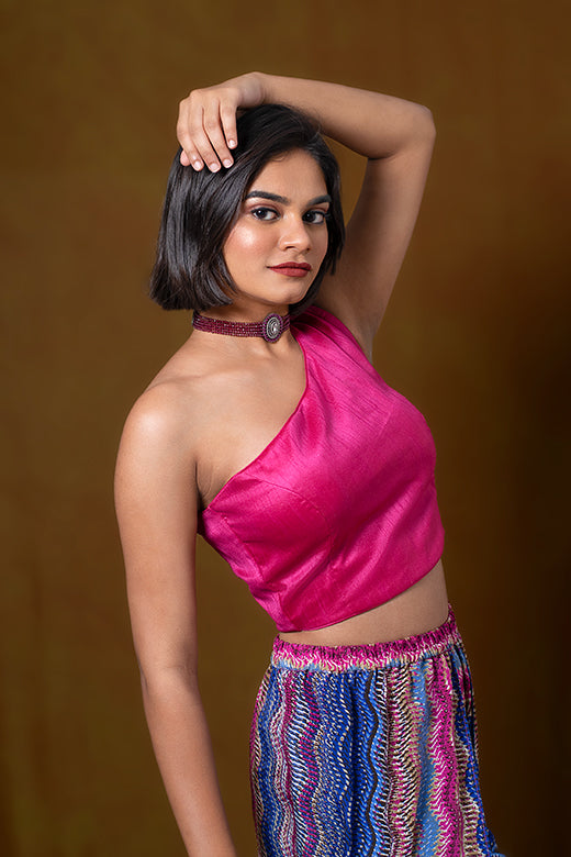 Hot Pink Blouse in Art Silk with One Shoulder Neckline