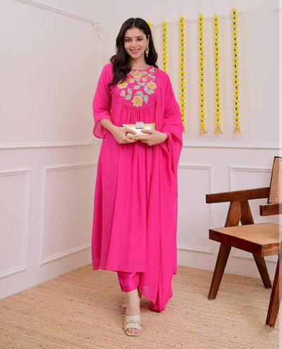 Hot Pink Chanderi Silk Kurta Pant Set With Heavy Thread Embroidery Work