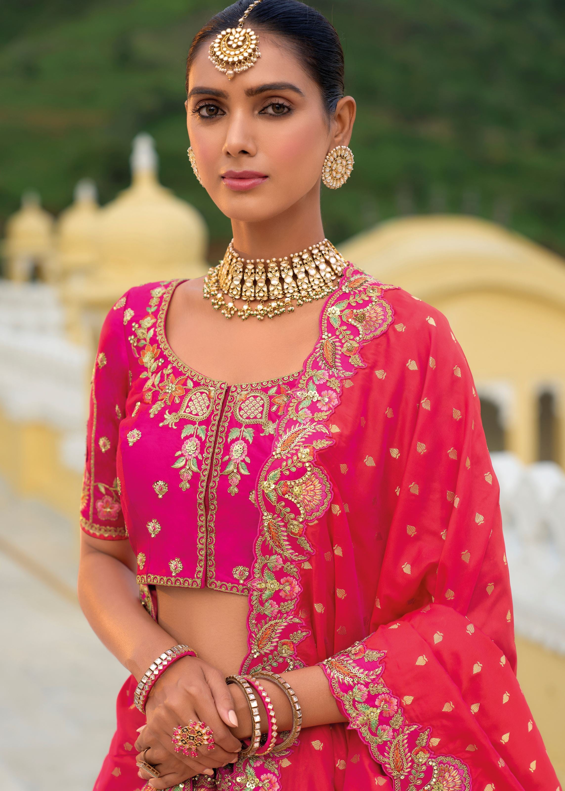 Hot Pink Lehenga Choli With Heavy Thread Embroidery, Khatli With Sequins Work