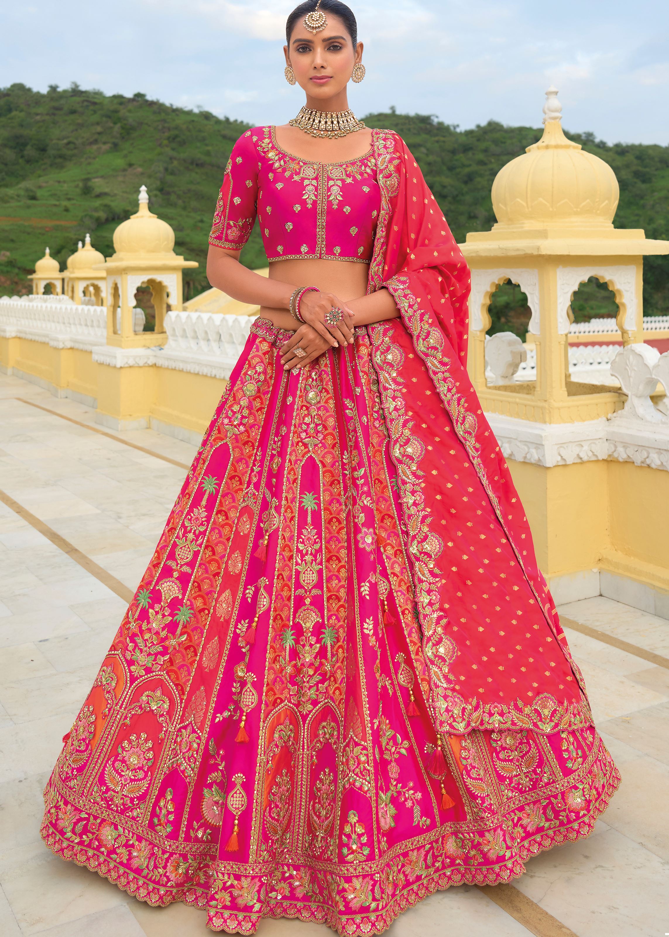 Hot Pink Lehenga Choli With Heavy Thread Embroidery, Khatli With Sequins Work