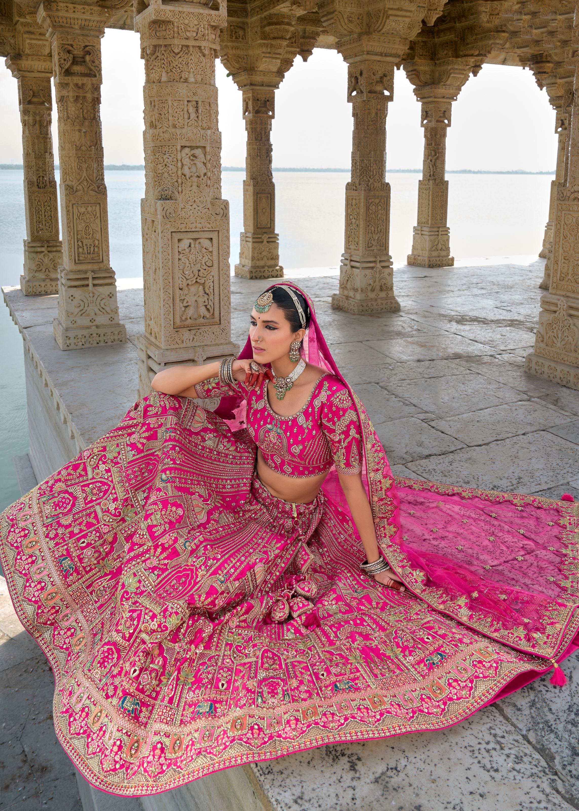 Hot Pink Lehenga Choli With Heavy Thread Embroidery, Zari With Sequins Work