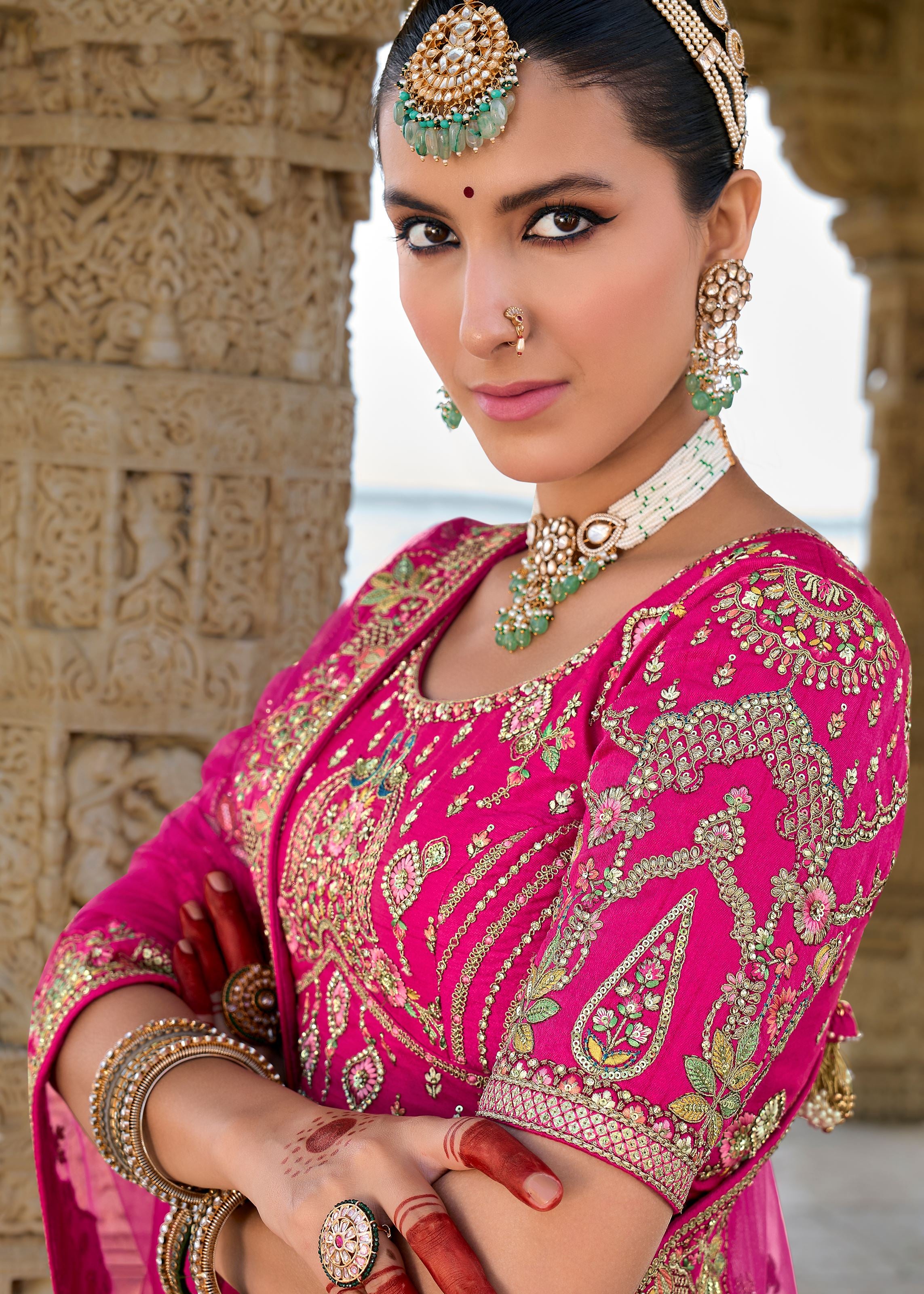 Hot Pink Lehenga Choli With Heavy Thread Embroidery, Zari With Sequins Work