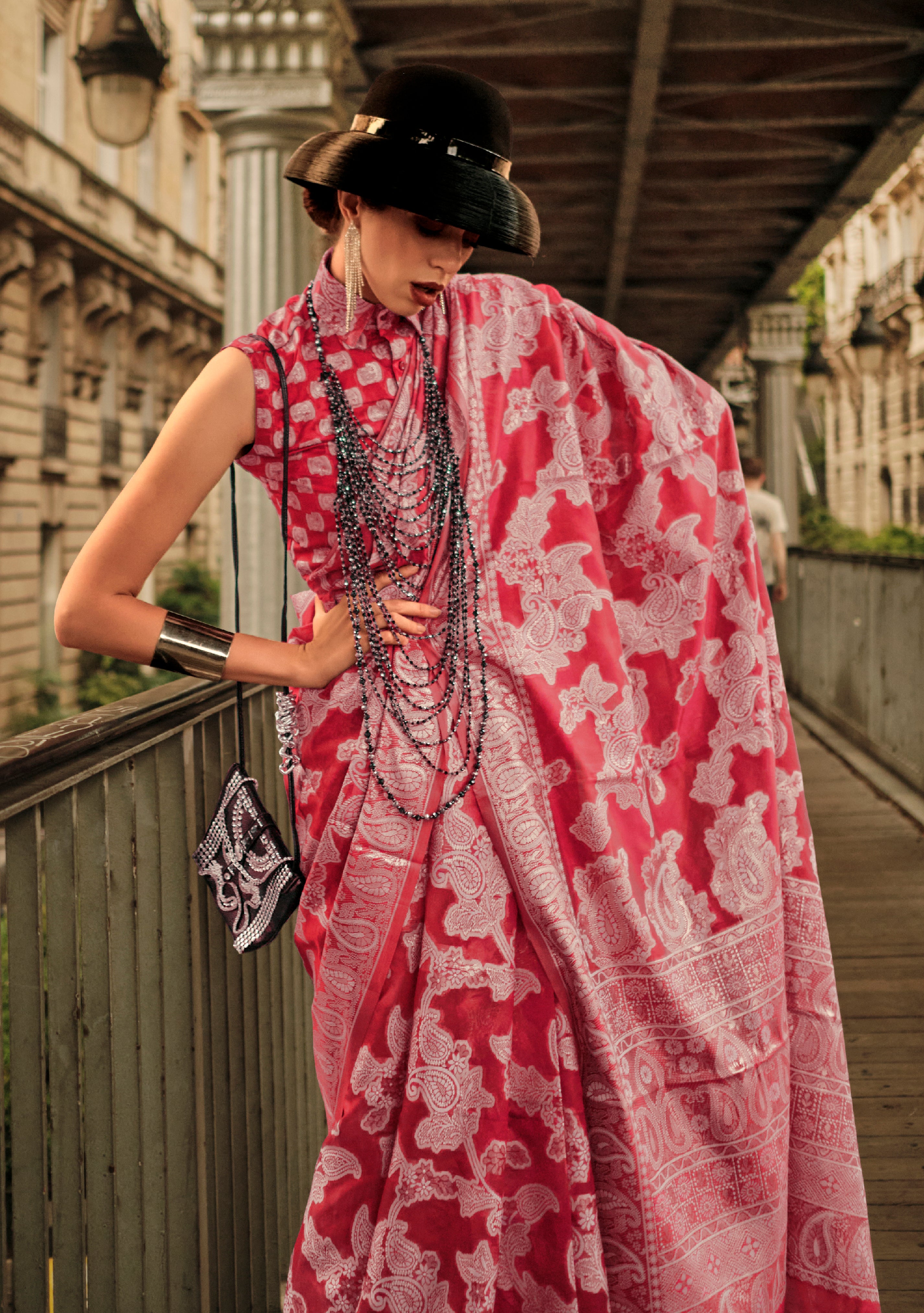 HotPink Organza Saree With Jacquard Woven Chikankari Work