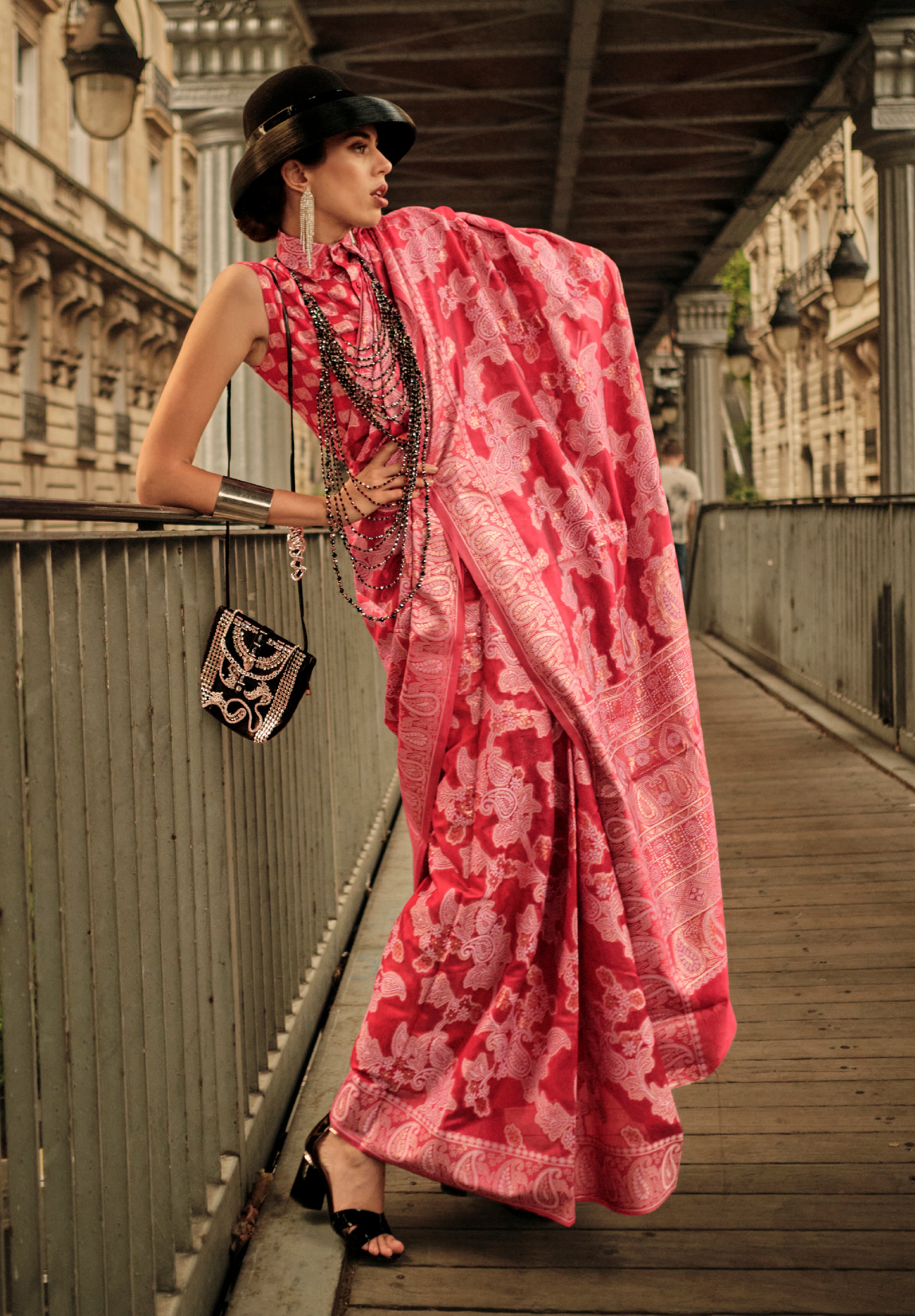 HotPink Organza Saree With Jacquard Woven Chikankari Work
