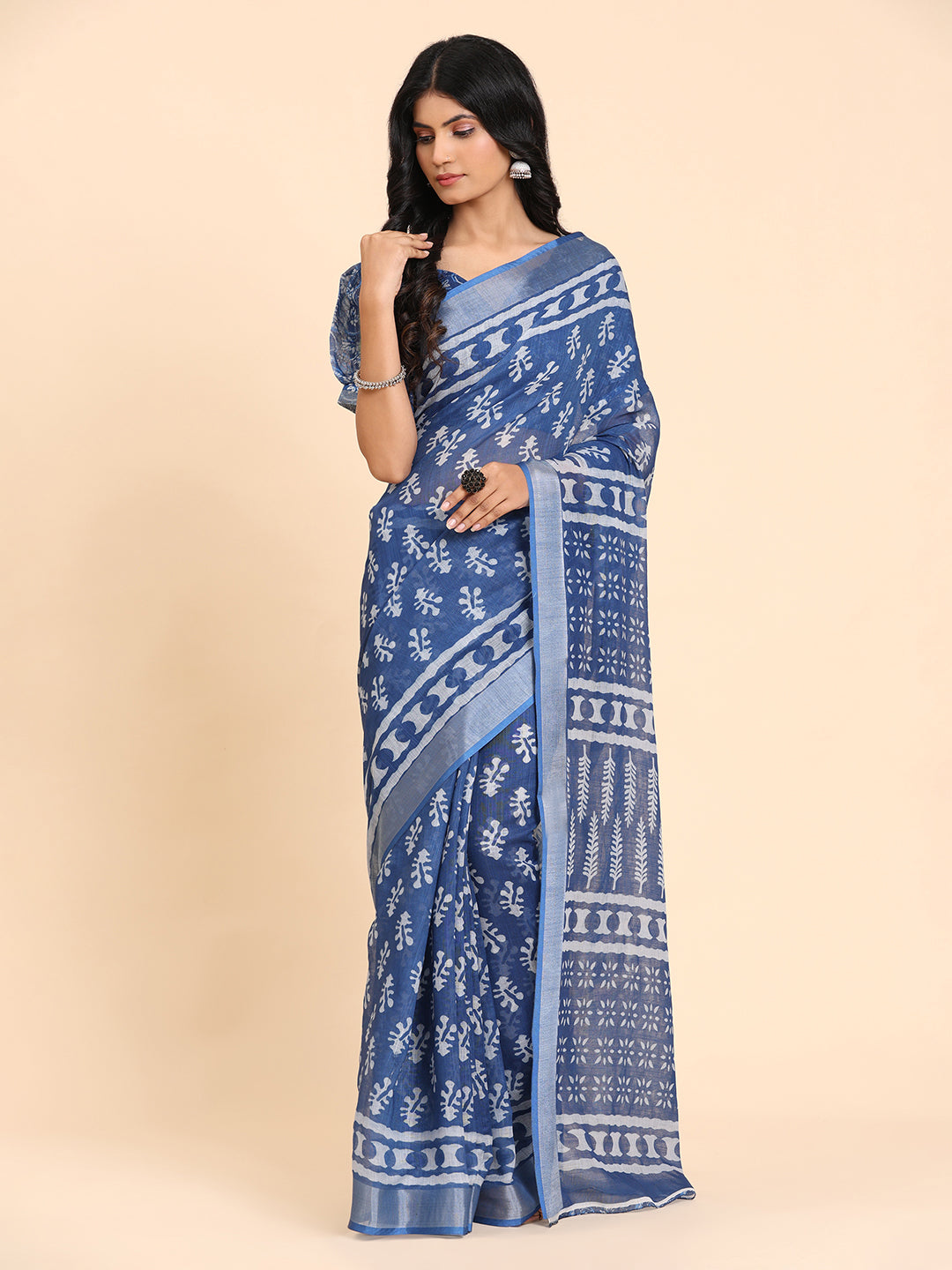 Indigo Blue Linen Printed Ethnic Saree