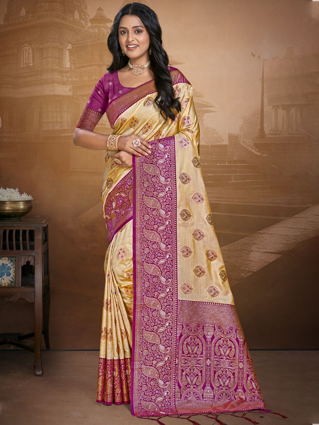 Ivory Beige and Regal Purple Silk Saree