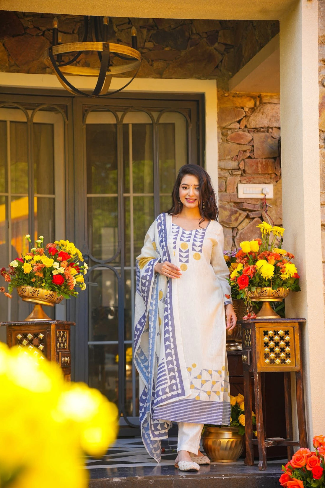 Ivory Muslin Kurta Pant Set  Printed
