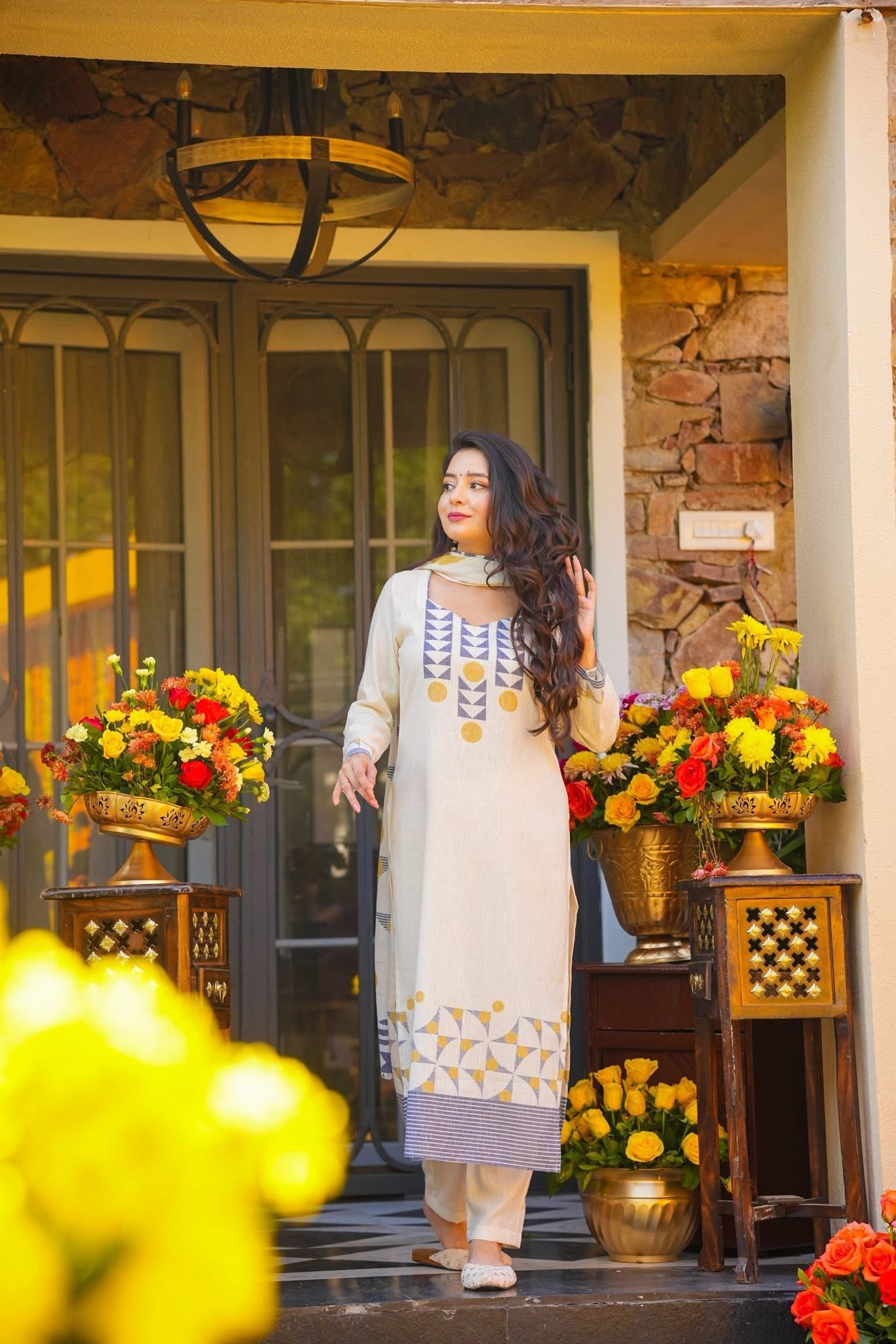 Ivory Muslin Kurta Pant Set  Printed