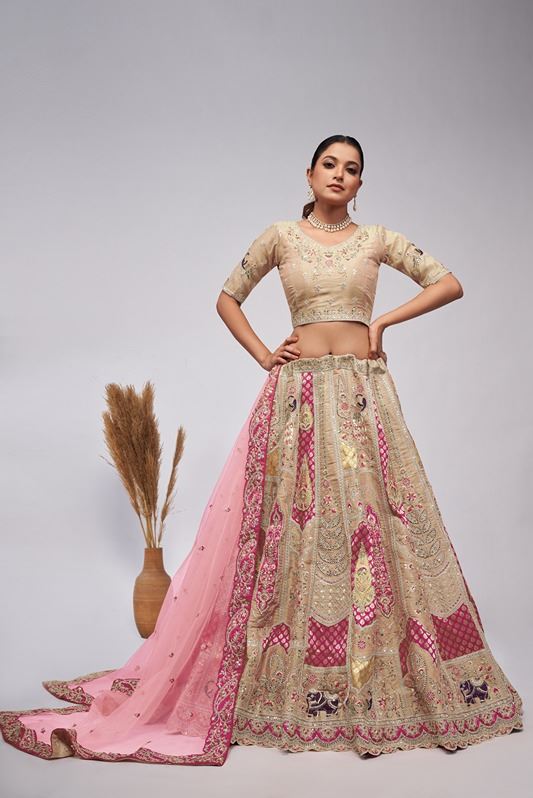Ivory Orgenza Silk Intricate Paisley Motifs Traditional  Embroidered  Wedding Lehenga