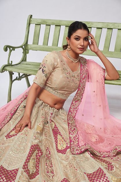 Ivory Orgenza Silk Intricate Paisley Motifs Traditional  Embroidered  Wedding Lehenga