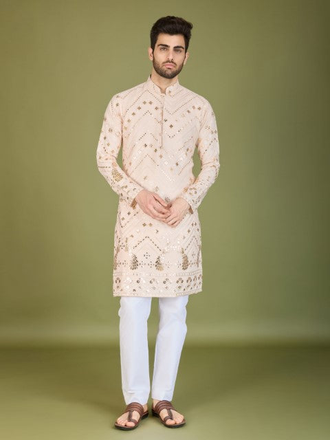 Ivory Viscose Rayon Thread & Sequins Embroidery Ceremonial Kurta
