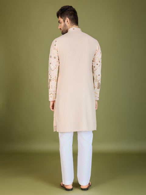 Ivory Viscose Rayon Thread & Sequins Embroidery Ceremonial Kurta
