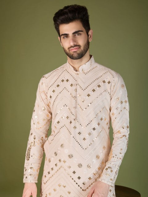 Ivory Viscose Rayon Thread & Sequins Embroidery Ceremonial Kurta