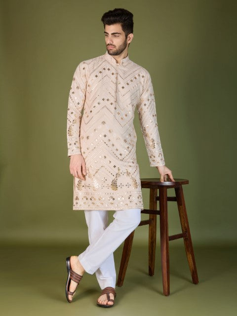 Ivory Viscose Rayon Thread & Sequins Embroidery Ceremonial Kurta