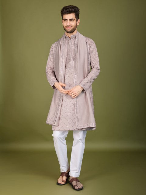 Ivory Viscose Silk Thread & Sequins Embroidery Kurta with Dupatta