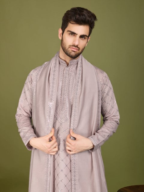 Ivory Viscose Silk Thread & Sequins Embroidery Kurta with Dupatta