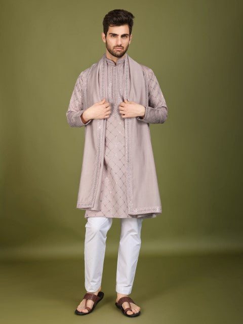 Ivory Viscose Silk Thread & Sequins Embroidery Kurta with Dupatta