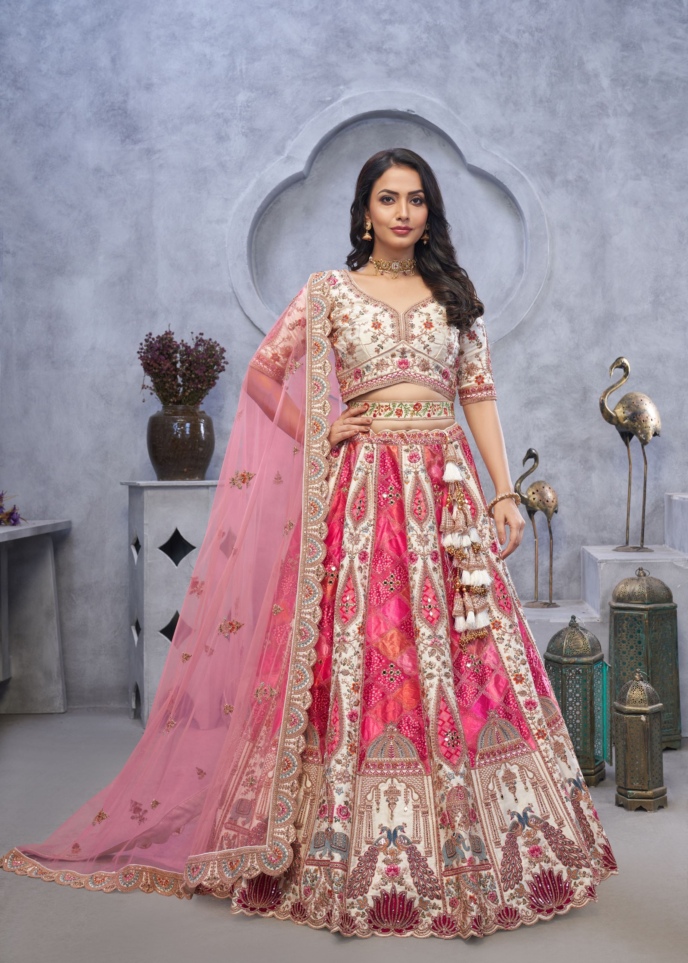 Ivory White Bridal Lehenga With Temple Motifs, Peacock Designs & Bandhej Jacquard Patches