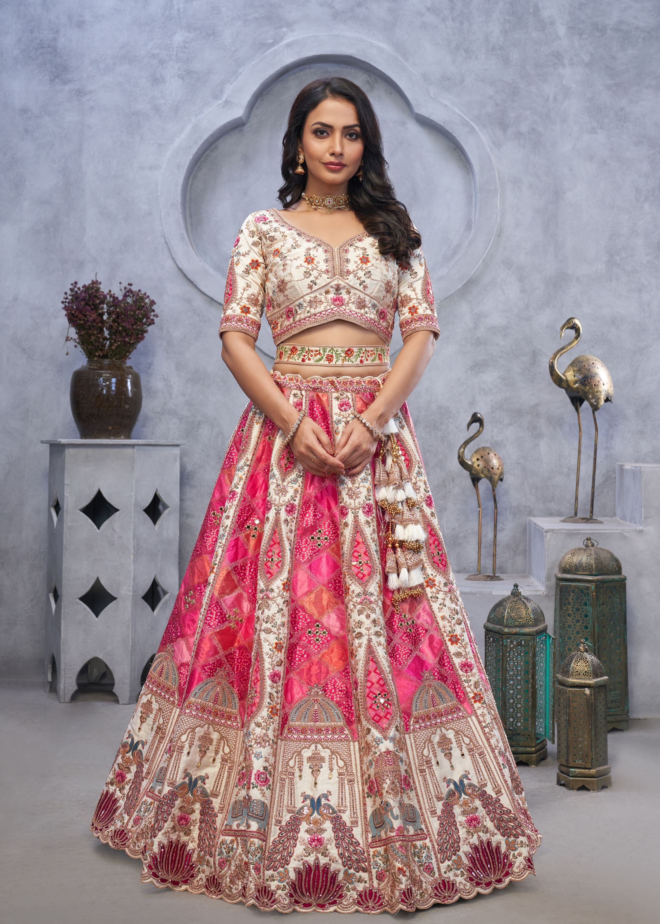 Ivory White Bridal Lehenga With Temple Motifs, Peacock Designs & Bandhej Jacquard Patches