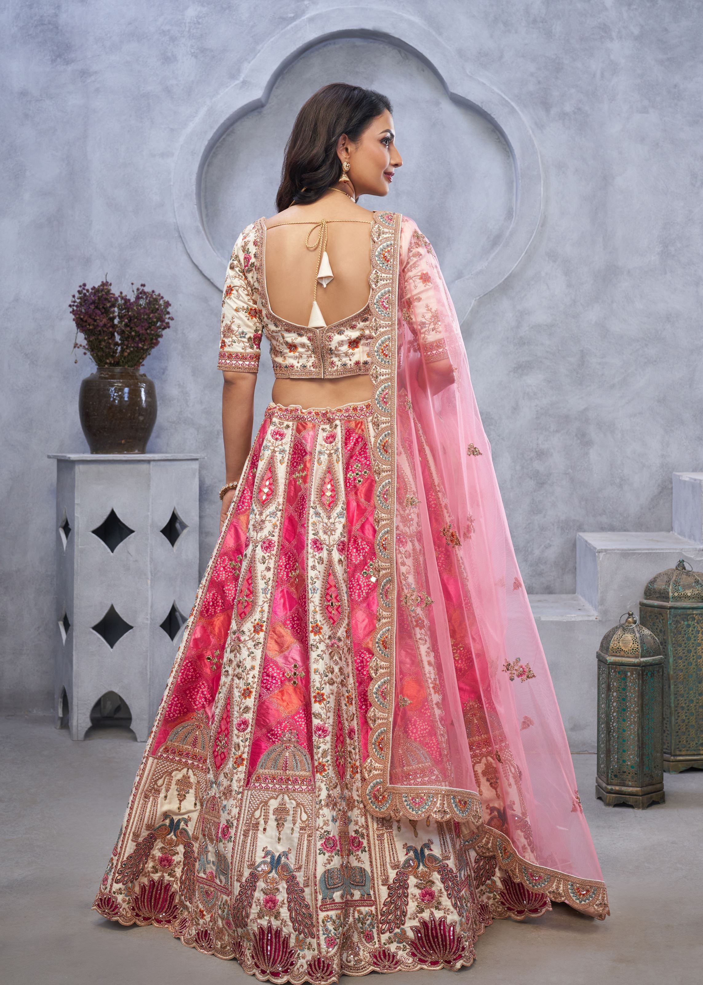 Ivory White Bridal Lehenga With Temple Motifs, Peacock Designs & Bandhej Jacquard Patches