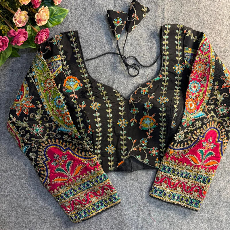 Jet Black Elegant Heavy Position Work Long Sleeve Blouse  Pure Crepe Embroidered & Sequined Partywear