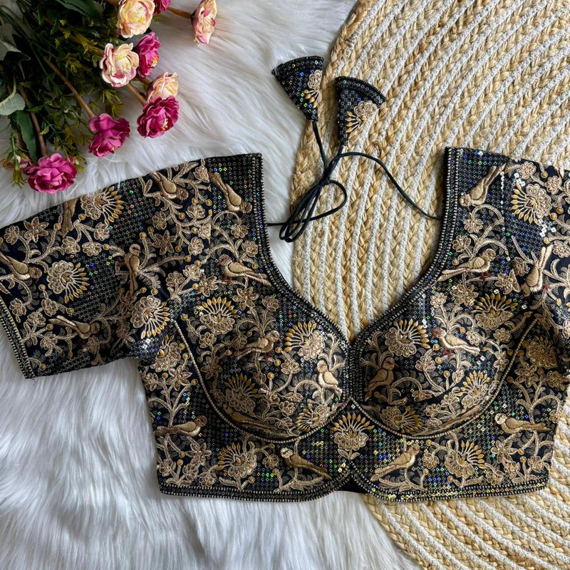 Jet Black Luxury Bird Motif Bridal Blouse  Roman Silk Designer Wedding Wear